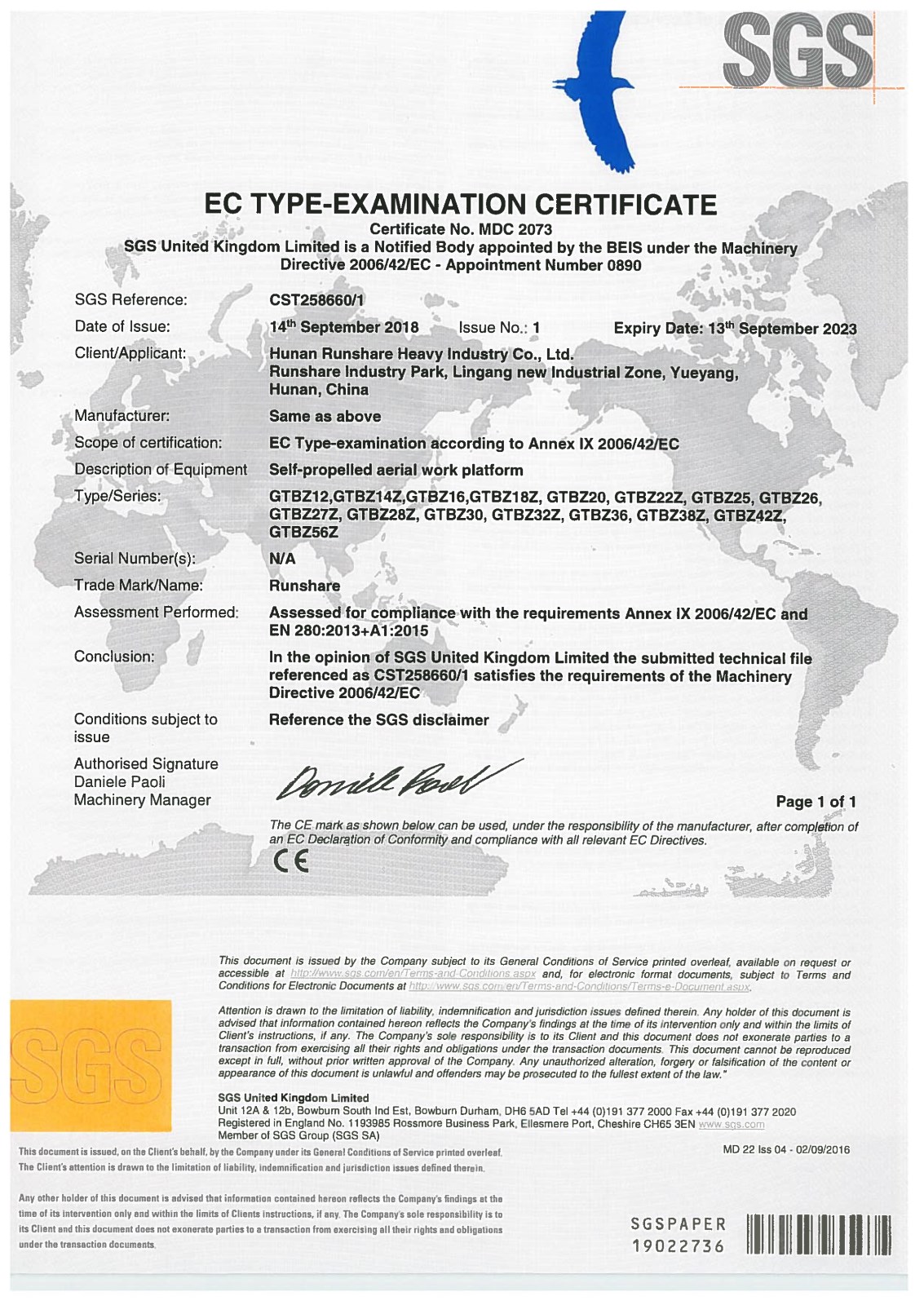 CE for Telescopic boom lift