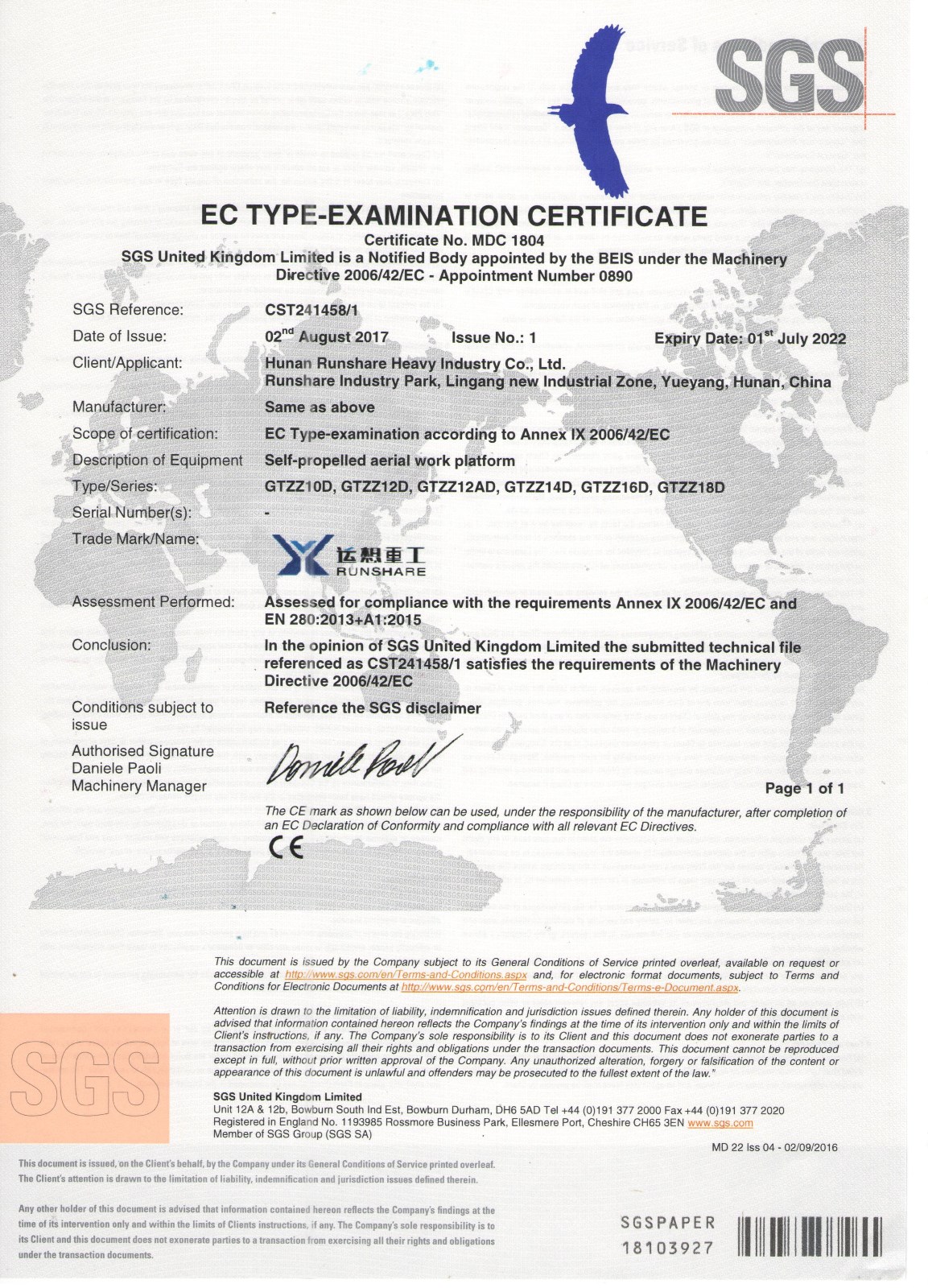 CE for Electrical Articulated boom lift