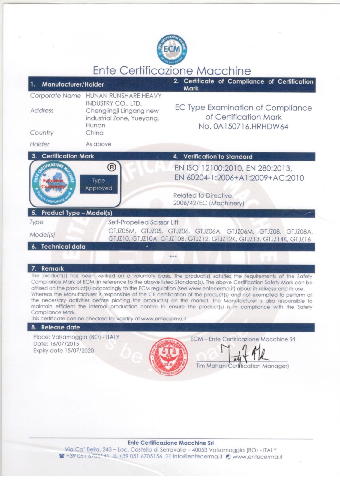 CE for Electrical Scissor lift